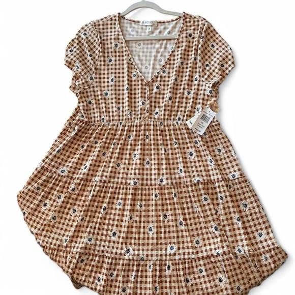 NWT- Planet Gold Plus Size 2X Babydoll Dress with Daisy Plaid - Picture 3 of 8
